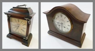 Mahogany mantel clock, with broken-arched pediment, silvered dial, having striking movement, on