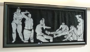 Large framed tapestry
Maija Licite (?)
Depicting nude female figures
And seven small prints
Maija