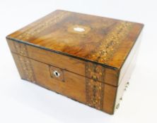 Victorian Tunbridge ware inlaid walnut workbox, having geometric inlay and mother-of-pearl cartouche