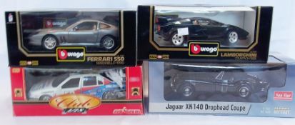 A 1/18 scale Majorette model of a Peugeot 605, a model of a Jaguar SK 140, a Burago model of a