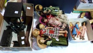 Quantity celluloid-headed dolls in Victorian style costume, other felt dolls and quantity doll's