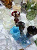 Various assorted glass, including opalescent turquoise vase, a red Bohemian style glass vase, and