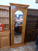 20th century satin walnut veneered single wardrobe, with mirrored door and foliate brass handle,