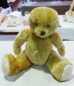 Large 20th century gold plush teddy bear with stitched snout, both ears missing but present, 62 cm