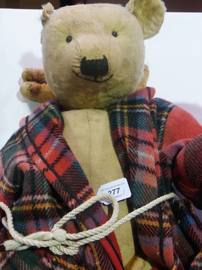 20th century gold bear with black button eyes, worn, 64 cm high
