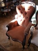 Victorian mahogany drawing room chair, waisted back with pierced scroll toprail, upholstered arms