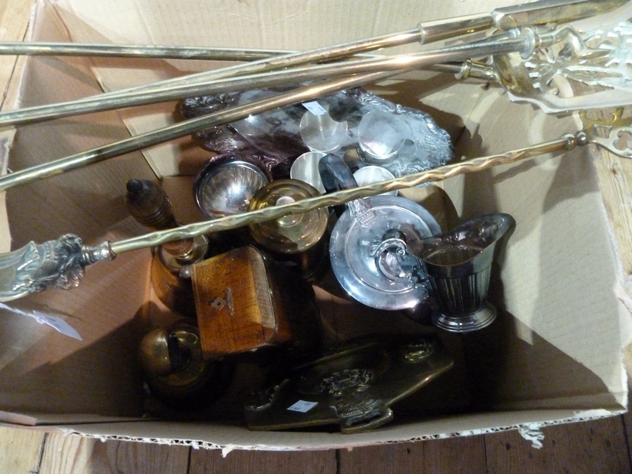 Quantity brass fire tools, bells, silver plated tray and other items (1 box)