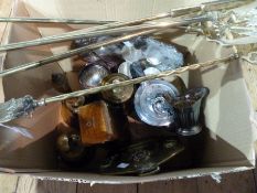 Quantity brass fire tools, bells, silver plated tray and other items (1 box)