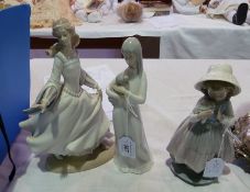 Lladro figure of a young girl in medieval dress, another Nao figure and another Spanish figure (3)