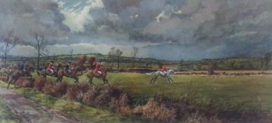 Colourprint 
After S.A. Stewart
Hunting scene, signed in pencil to margin, lower right, 33 x 74 cm