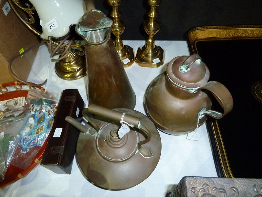 A copper kettle, other copper items and a boxed set of playing cards