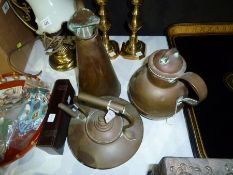 A copper kettle, other copper items and a boxed set of playing cards