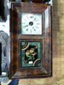 American Gerome and Co 8-day wall clock, mahogany effect case, with pansy decorated glass panel