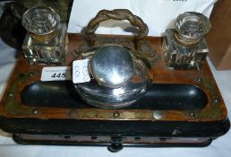 Stained wooden inkstand with brass decoration and a silver coloured metal topped inkstand (2)