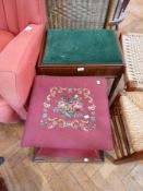 An old upholstered box topped stool, of concave shape with rising 
lid, together with a