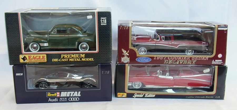 A 1/18 scale diecast model of a 1957 Ford Courier Sedan, a Maisto Cadillac, 1959, an Eagle Models