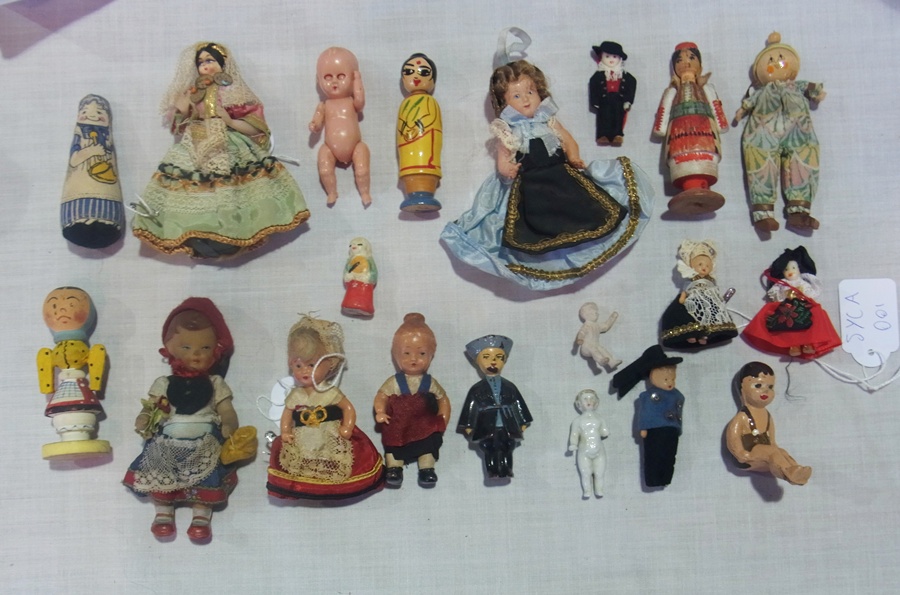 Quantity of celluloid, wood and other miniature dolls and a small celluloid doll  in blue suit