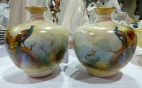 Pair Royal Worcester porcelain bulbous shaped vases, circa 1912, painted by A. Watkin, signed,