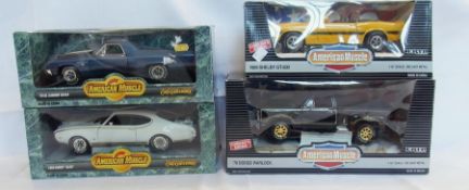 A 1/18 scale diecast metal American Muscle Series 1969 Shelby GT 500, a 78 Dodge Warlock, a 1969