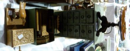 A small painted chest of multiple drawers, quantity wooden boxes and miniature inlaid circular