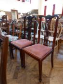Pair late Victorian/Edwardian mahogany dining chairs, each with pierced rectangular splat, on square