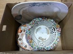 Quantity decorative ceramics including:- Johnson Brothers "Old Granite" plate, willow pattern