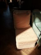 Wesley Barrel occasional chair, upholstered in pale pink brocade, with loose cushions