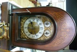 Edwardian inlaid mahogany bracket clock in brass case with rose and scroll inlay, the brass dial