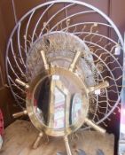 Circular mirror within a brass coloured ship's wheel, and various other modern designed mirrors (4)