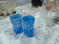Pair blue opaline marbled glass vases, and a Dartington crystal vase, in original box