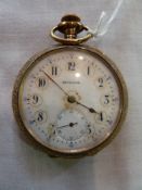 Gold plated pocket watch with enamel dial , button winding with engraved back.