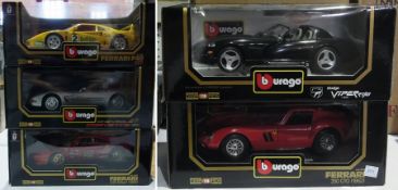 A 1/18 scale Burago diecast metal models of a Ferrari F40, 1987, a Dodge Viper 1993, a Ferrari 250