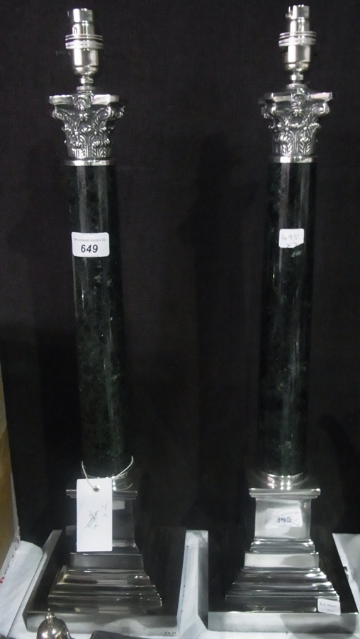 Pair silver plate and green marbled Corinthian column table lamps, on a plinth base, 60cms high