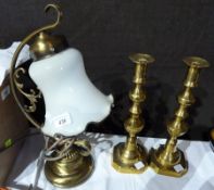 Pair brass candlesticks and a brass scent lamp with white glass shade