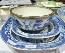 Two willow pattern meatplates and a matching bowl with EPNS rim (3)