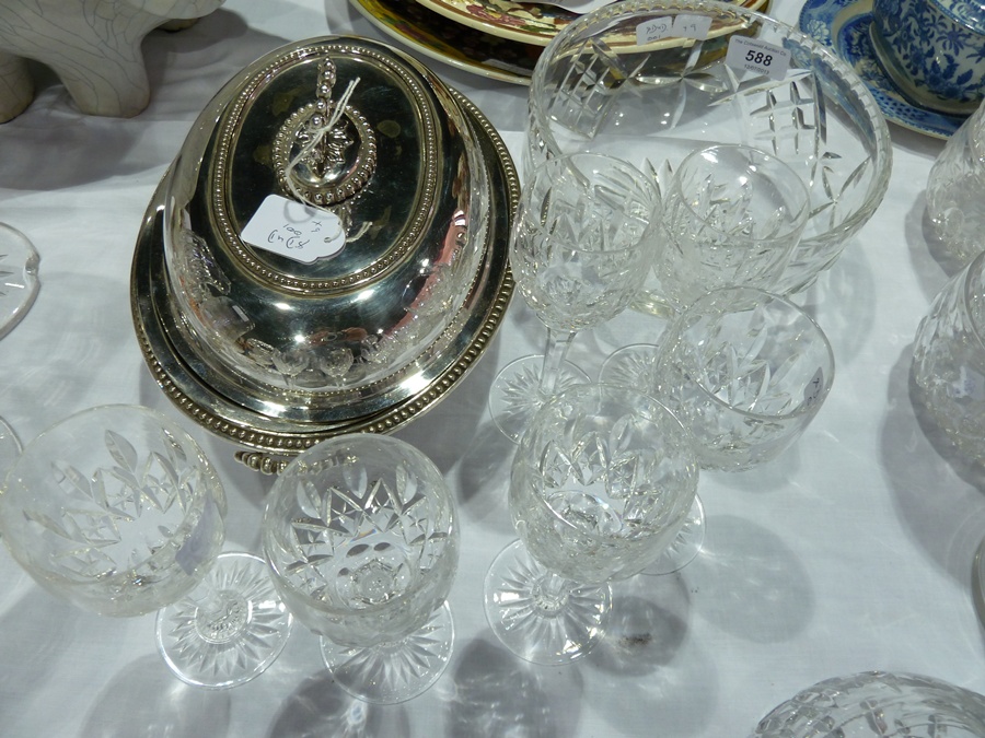 Cut glass fruit bowl, six cut glass sherry glasses and a silver plate serving dish