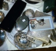 A miscellaneous collection of silver plate to include a pair of pheasant table ornaments, a velvet