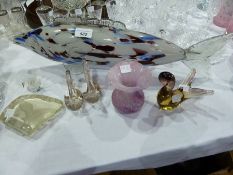Large glass Murano style fish together with a glass bird, a Caithness style pink posy vase and