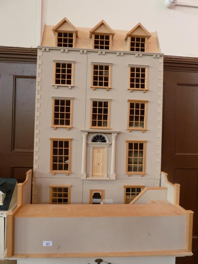 Large reproduction Georgian style dolls house, five storeys with front pillars, hinged opening front