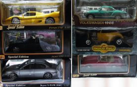 A 1/18 scale Maisto diecast model of a Ferrari F50, a Jaguar XK8, Jaguar X type, Mercedes Benz 190