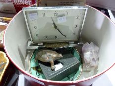 A cased volt meter, 1950's Smiths 30-hour mantel clock, quantity postcards and other items (1 box)