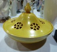 Yellow lustre porcelain pot pourri bowl and cover, circular with pierced floral decoration, 15cm