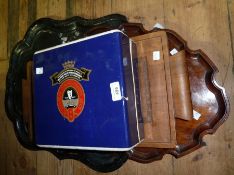 Victorian mother-of-pearl inlaid papier mache tray, two other trays and a Guinness commemorative