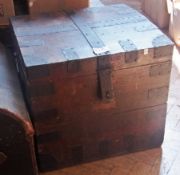 A large wooden iron banded box for storing silver, brass label, "Edward Barnard and Sons,