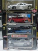 A 1/18 scale Guiloy diecast metal prototype F1, an Anso Bugatti EB 110, a Maisto Mustang Mach 3