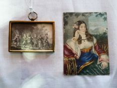 Miniature watercolour drawing
19th century 
Lady in Renaissance dress, 9 x 7 cm together with a