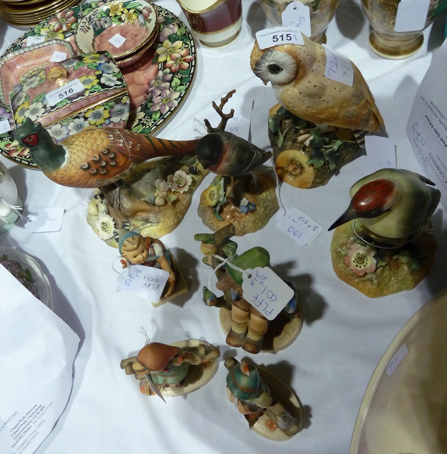 Various Goebel figures, Royal Crown Derby "Bullfinch", Green Woodpecker and others (8) (af)