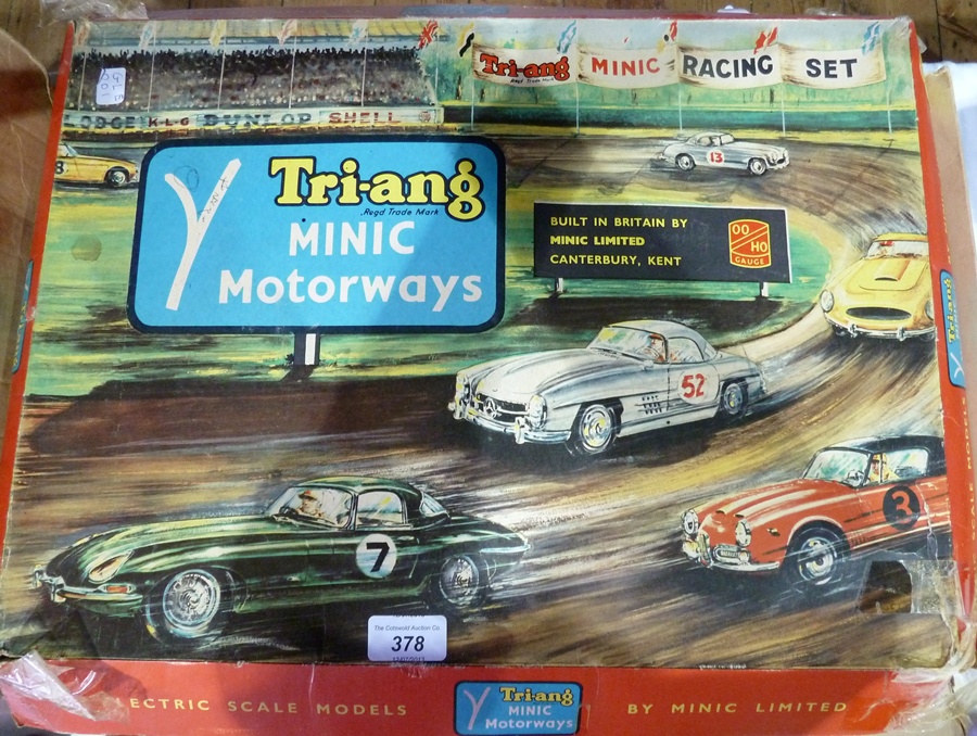 Tri-ang mini motorways electric scale model and Tri-ang fort, wooden, boxed