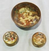 Japanese Satsuma bowl, and two Japanese Satsuma trinket boxes, with lids, with hand painted scenes