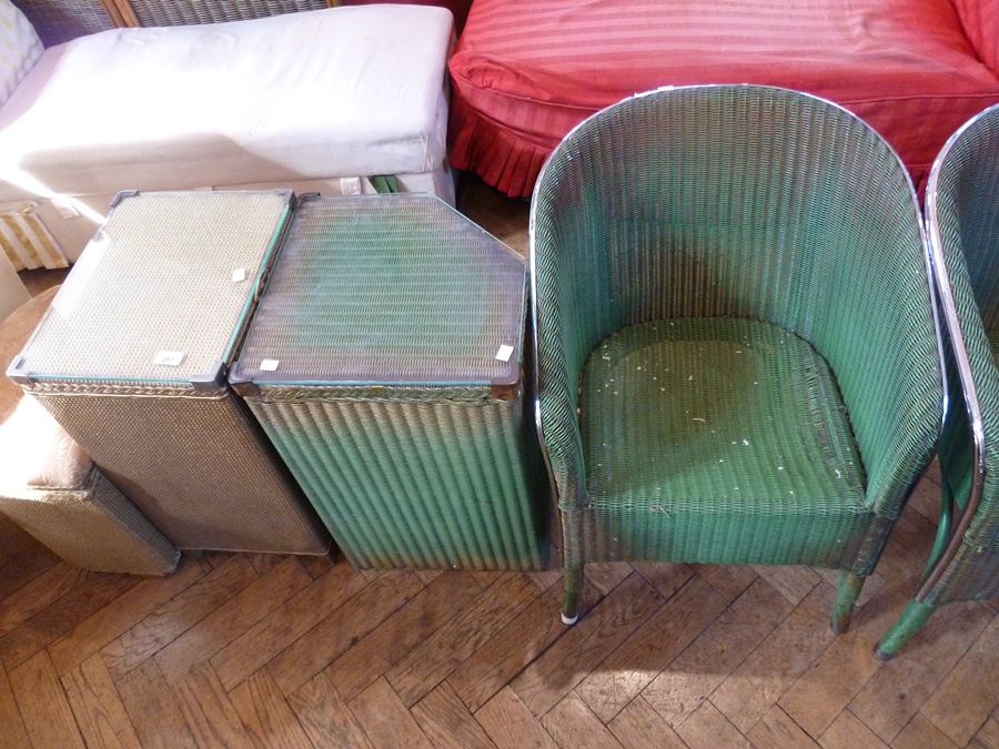 Pair chrome and Lloyd loom style tub armchairs, in green, another similar brown tub armchair, and